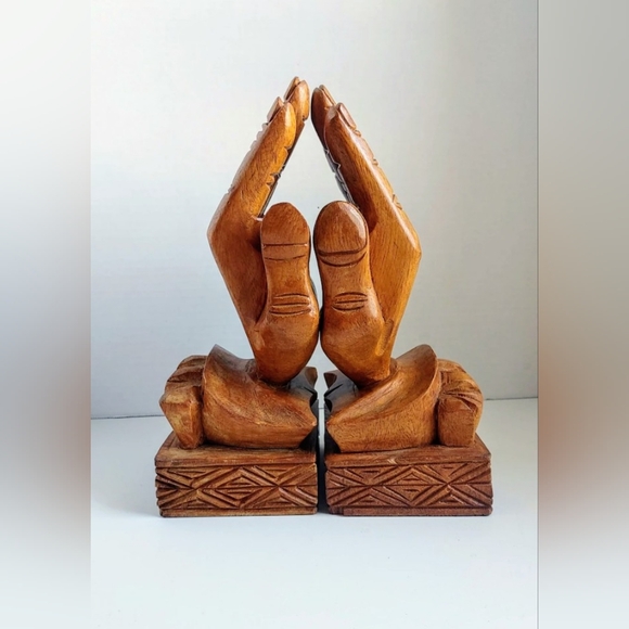 Vintage Handcarved Wooden Praying Hands Bookends | Spiritual Decor - Picture 1 of 8